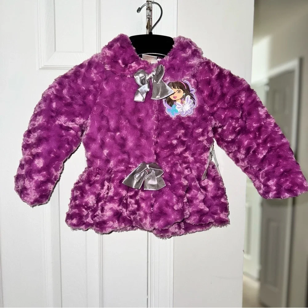 NICKELODEON Dora & Friends Girls 3T Purple Faux Fur Sparkle Jacket Coat Bows NWT